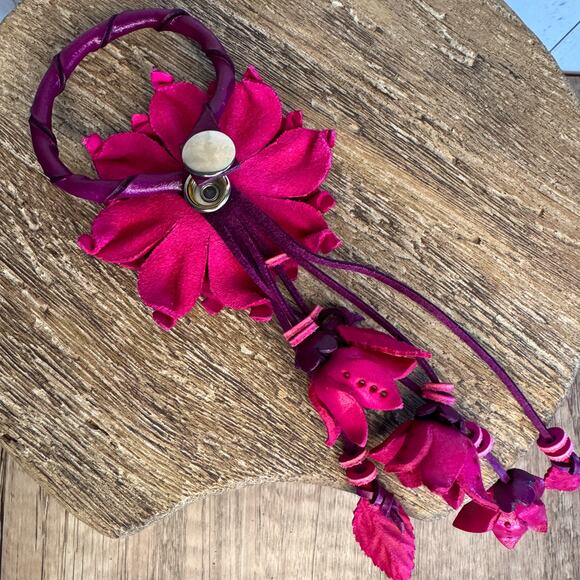 Bright Pink Dahlia Leather Flower Purse Charm Genuine Leather Pink Bag Charm - Picture 5 of 5